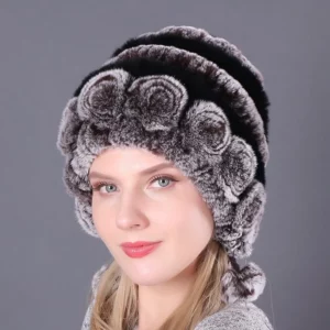 Lady Warm Flowers Striped Real Rex Rabbit Fur Hats