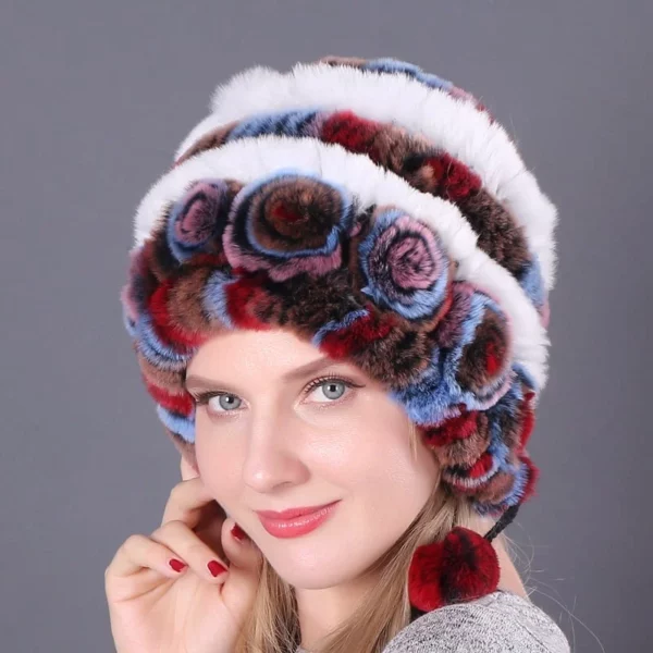 Lady Warm Flowers Striped Real Rex Rabbit Fur Hats