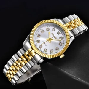 1pcs Women's Fashion Round Room Gold Steel Band Quartz Wristwatch